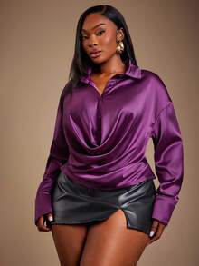 SHEIN SXY Plus Size Women's Autumn/Winter New Sexy Elegant Purple Plunging Neckline Satin Blouse