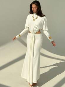 Aloruh Weißes minimalistisches, sexy, rückenfreies Langarm-Bodycon-Kleid mit taillierter Taille und ausgestelltem Rock für Frauen - Weiss - Übersicht 2