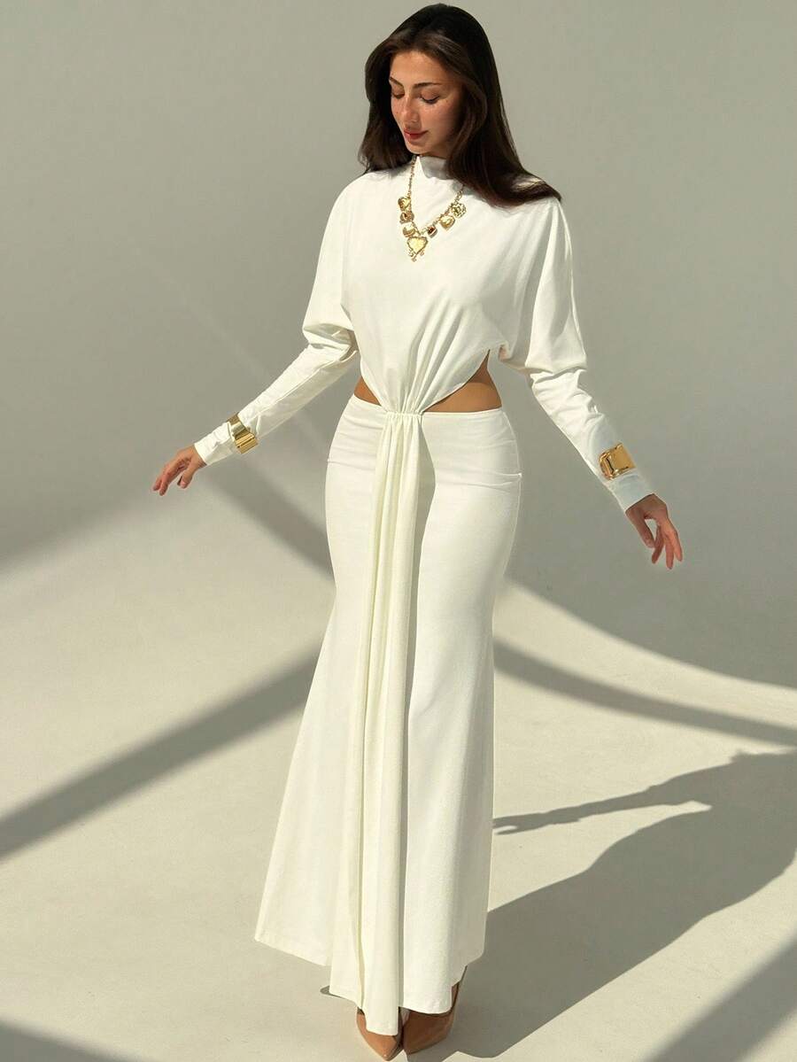 Aloruh Weißes minimalistisches, sexy, rückenfreies Langarm-Bodycon-Kleid mit taillierter Taille und ausgestelltem Rock für Frauen