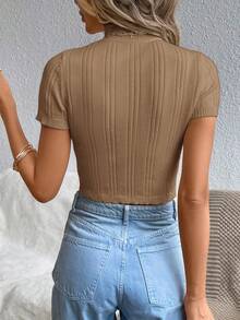 Siren Gaze Women's Solid Color High Neck Raglan Short Sleeve Casual Twist Knit Cropped Top Autumn Winter Clothes For Women Summer - Camel - View 3