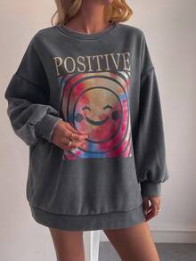 DAZY Women's Loose Casual Street Letter Print Fleece Sweatshirt, Autumn/Winter - Grey - View 2