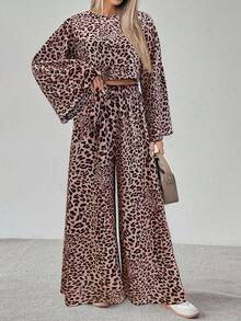 EMERY ROSE 2pcs Women Casual Leopard Print Loose Flare Sleeve Top And Wide Leg Pants Set, Autumn - Pink - View 6