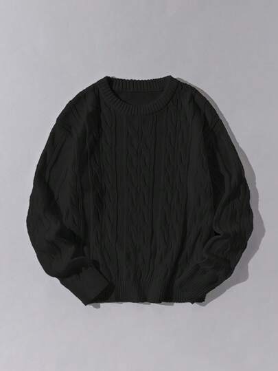 Suéter de cuello redondo de punto de cable de unicolor informal para adolescentes, otoño/invierno