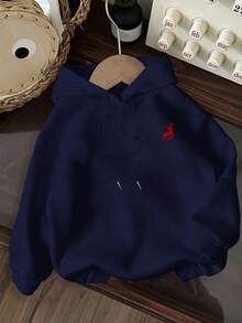 Attitoon 休闲简约红鹿图案印花藏蓝色卫衣，宽松厚实，适合秋冬季新年派对穿着 - 藏蓝色 - 查看 6