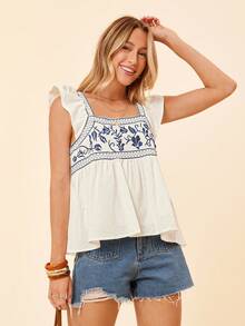 Coeurva Floral Embroidery Ruffle Trim Peplum Blouse - White - View 1