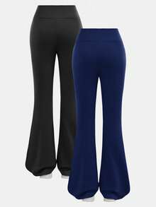 Girlism 2pcs/Set Tween Girls Solid Color Flared Pants Bottoms, Versatile Daily Wear - Navy Blue - View 13