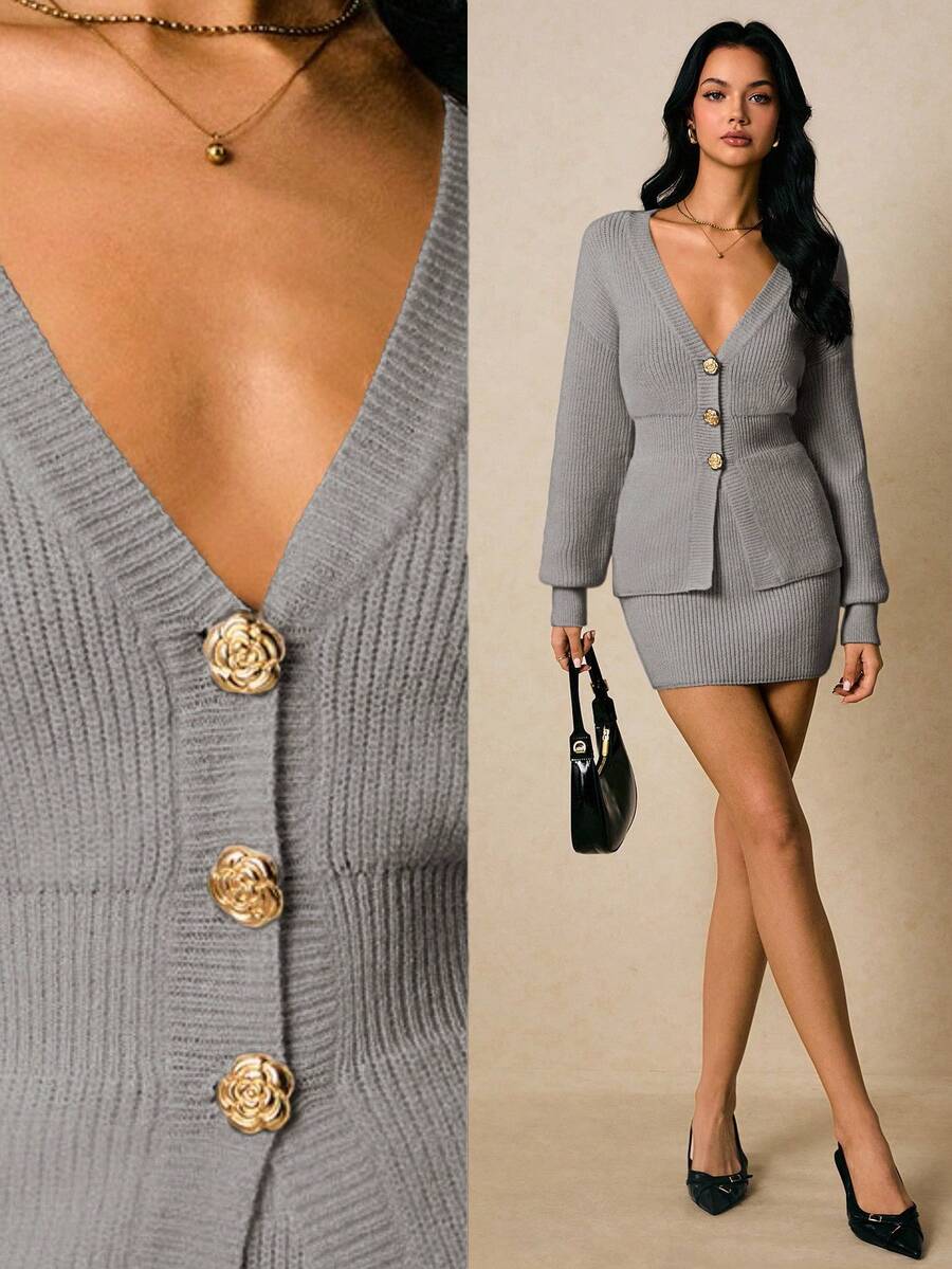 Poéselle 女士优雅通勤前扣毛衣和裙子两件套，秋季 - 淺灰色 - 查看 1