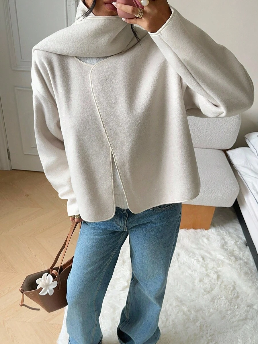 SHEIN EZwear Women's Winter Coat Beige Winter Coat Women Old Money Women's Casual Solid Color Wool Blend Jacket, Autumn/Winter Winter Clothes Women - Apricot - View 1
