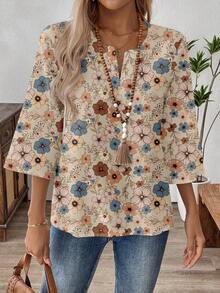 EMERY ROSE Blusa de trabajo con cuello en V y mangas 3/4 para mujer, adecuada para otoño/invierno, con estampado floral diminuto y vintage