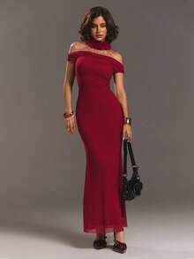 Aloruh 褶饰露肩毛茸茸领子紧身连衣裙，适合派对穿着 - 酒紅色 - 查看 5