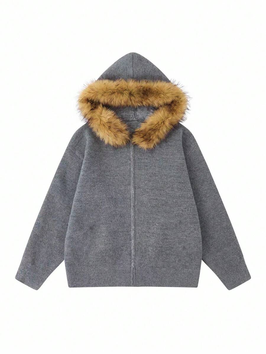 Manfinity CasualKnits Men's Zip-Up Hooded Jacket With Faux Fur Collar, Winter - Grey - View 1