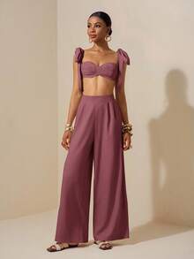 Zivah Beach New Spring And Summer Casual Holiday Bowknot Shoulder Straps Chest-Wrapped Heart Collar Cropped Top + Wide-Leg Super Trousers Apricot Women's Two Pieces Se,Textured Fabric Material