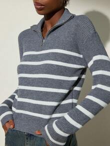 Aveloria Modichic Striped Pattern Quarter Zip Drop Shoulder Sweater Oversized Sweater  - Grey - View 2