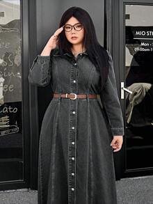 SHEIN ICON 大码纯色休闲长袖牛仔连衣裙 - 深灰色 - 查看 5