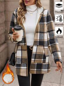 SHEIN 女士优雅成熟连帽格子仿皮毛拉链口袋常规夹克 - 灰色 - 查看 1