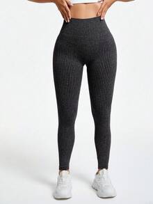 SHEIN Velisys 纯色高腰无缝金属瑜伽紧身裤 - 彩色 - 查看 3