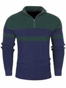 Manfinity Homme Men's Casual Color-Block Quarter-Zip Sweater, Autumn And Winter Men's Top, Men's Stand-Collar Knitted Sweater, Men's Sweater.
