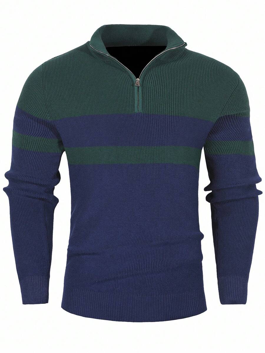 Manfinity Homme Men's Casual Color-Block Quarter-Zip Sweater, Autumn And Winter Men's Top, Men's Stand-Collar Knitted Sweater, Men's Sweater.