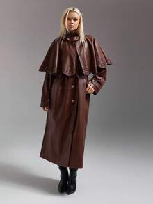 SHEIN ICON Women's Solid Color Single-Breasted Long Sleeve PU Leather Loose Long Jacket, Autumn Rust Brown Coat