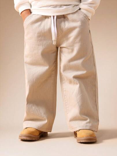  SUMWON 男童阔腿棉质牛仔裤，休闲秋冬宽松直筒剪裁，带抽绳腰带和口袋，舒适日常穿着，适合度假。