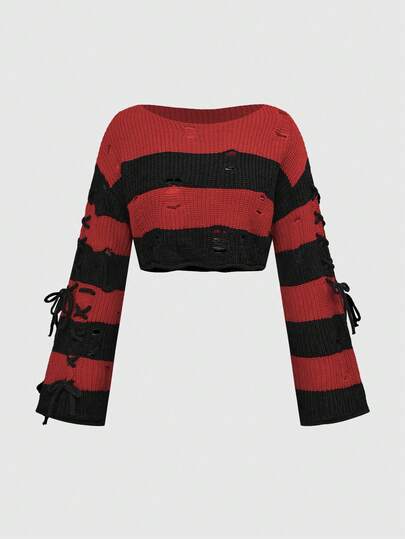 Side Lace-Up Halloween Orange & Black Striped Cropped Knit Top