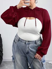 SHEIN CURVE+ Suéter negro de punto extra grande con capucha ultrashort, adecuado para usar en otoño e invierno - Burdeos - Ver 2