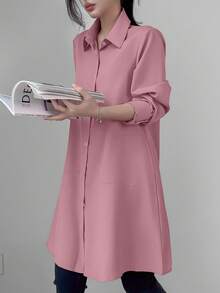 SHEIN Unity Áo sơ mi dài tay màu trơn rộng rãi thoải mái mùa xuân/hè cho nữ, áo dài tay - Bụi hồng - Xem 3