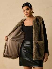 SHEIN VCAY Plus Size Elegant Dual-Tone Faux Fur Vest Jacket For Women, With Pockets, Autumn/Winter
