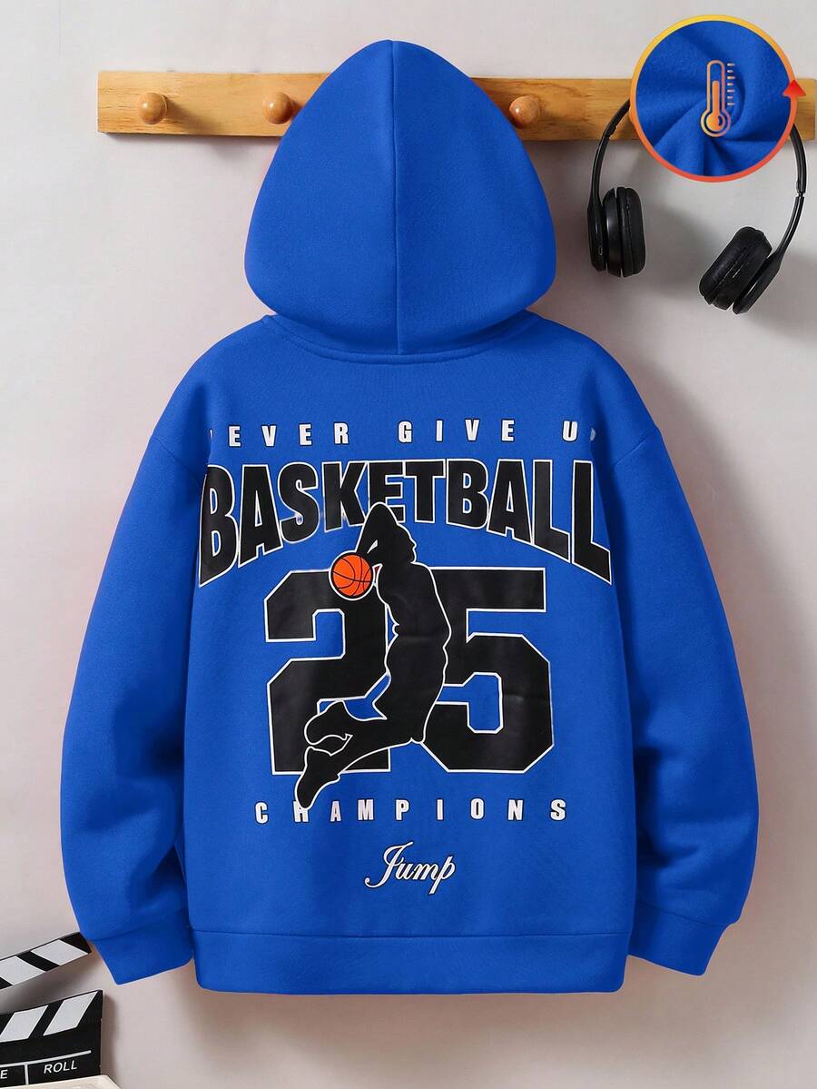 Sudadera de manga larga con estampado de letra y jugador de baloncesto de unicolor para niño preadolescente, adecuada para otoño/primavera, apta para juegos al aire libre, deportes, escuela, estilo callejero, fiestas y uso casual, alta relación calidad-precio, sudadera para niños, sudaderas azules, ropa para niños, ropa de invierno, Navidad - azul real - Ver 1