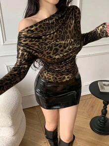 Celisse Women's Fashion Commuter Leopard Print Asymmetric Collar T-Shirt