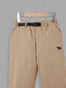 SHEIN 男童休闲马匹图案印花纽扣腰带加厚保暖直筒裤，秋冬季款