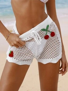 Swim Mod Conjunto de pantalones cortos cubierta para mujer de vacaciones casual de unicolor transparente con cordón y parche de frutas para el verano - Blanco - Ver 6