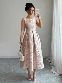 SHEIN PETITE Váy Jacquard không tay, định hình vòng eo, thanh lịch, thường ngày dành cho nữ, thích hợp cho các bữa tiệc và buổi tụ họp - Hồng - Xem 7