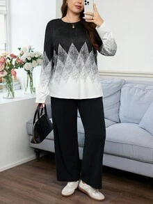 SHEIN LUNE 2 件大码休闲纯色长袖上衣和迷彩印花裤套装，春秋休闲日常穿着，必备单品，迷彩印花两件套西装度假装 - 黑與白 - 查看 6