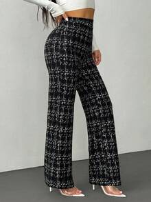 SHEIN PETITE Summer Elegant Women's Plaid Printed Elastic Knitted Pants, Suitable For Various Occasions, Suitable For Summer Vacation, Elegant Travel, And Daily Commuting, Winter Clothes For Women,Thanksgiving Outfit For Women