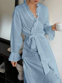 DAZY 浪漫荷叶边长款裹身睡袍，舒适保暖 - 藍色 - 查看 4