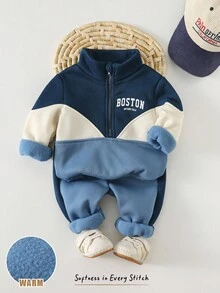 Cozy Pixies 2件套男婴拼色字母印花圆领长袖半拉链连帽衫和松紧腰慢跑裤套装 - 寶藍色 - 查看 7