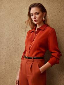 MOTF PREMIUM FALL WINTER SOLID BUTTON UP SHIRT - Orange - View 6