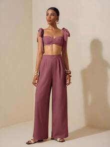 Zivah Beach New Spring And Summer Casual Holiday Bowknot Shoulder Straps Chest-Wrapped Heart Collar Cropped Top + Wide-Leg Super Trousers Apricot Women's Two Pieces Se,Textured Fabric Material