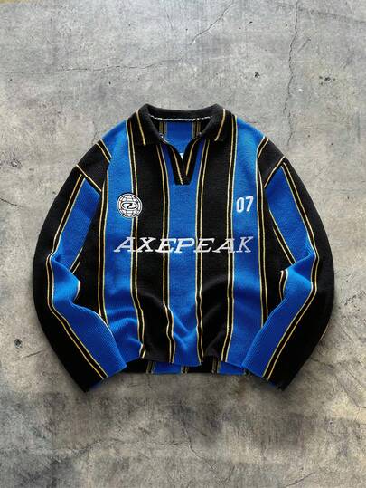 AXEPEAK 男士休闲拼色条纹字母刺绣毛衣，秋冬
