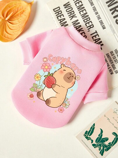 PETSIN 1 pieza Sudadera con capucha para mascotas con estampado de perrito rosa sosteniendo una flor de fresa, ropa gruesa y cálida de color rosa para mascotas
