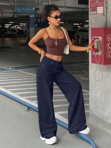 SHEIN WOMEN LOOSE LOW WAIST WIDELEG EVERYDAY CASUAL JEAN - Navy Blue - View 6