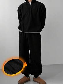 DAZY Men's Solid Black Sherpa Fleece Pullover Sweatshirt & Sweatpants Set, Adjustable Hem Design, Autumn/Winter