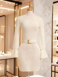 Lyxana Women's Elegant Ruffled Sleeve Buckle Belted Solid Color Sweater Dress, Autumn/Winter - Apricot - View 7