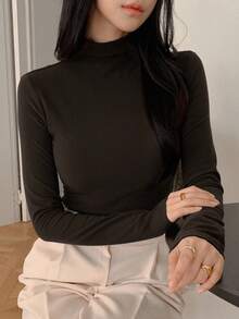 DAZY 女士秋季新款高领修身长袖T恤，秋季女装度假套装 - 咖啡棕 - 查看 6