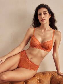 Charlaine 2pcs Elegant Sexy Solid Color Lace Lingerie Set - Orange - View 2