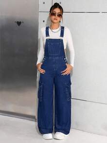 SHEIN 少女 Y2K 休闲水洗蓝色牛仔背带裤，女孩秋冬装，街头酷炫牛仔装 - 深色水洗藍 - 查看 3