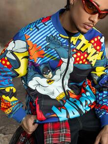 BATMAN X SHEIN Men's Casual Fashionable Street Anime Figure & Letter Graphic Zip-Up Long Sleeve Jacket, Spring/Autumn