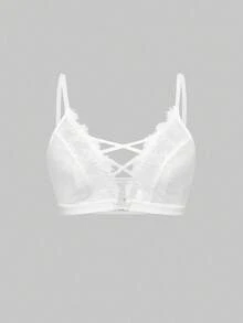 ROMWE Goth Sutiã Bralette Casual de Uso Diário com Renda Floral, Alças Cruzadas e Triângulo Metálico - Branco - Visão 1