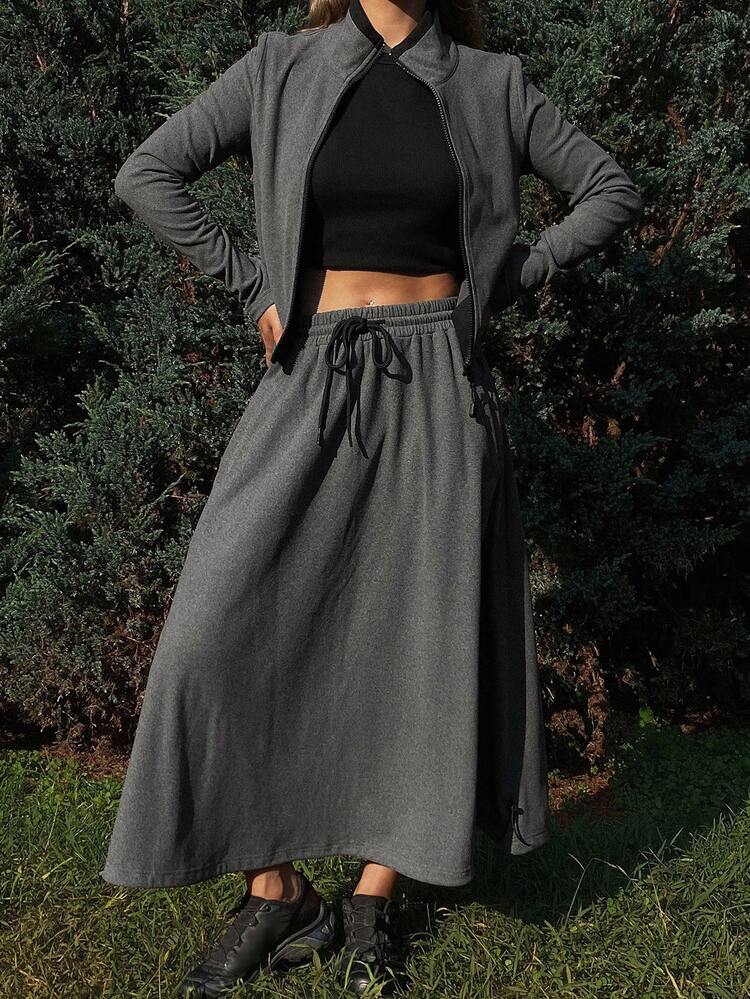 2pcs/Set Women Solid Color Fitted Thermal Lined High Neck Zip-Up Hoodie And A-Line Skirt, Casual Street Style For Autumn/Winter